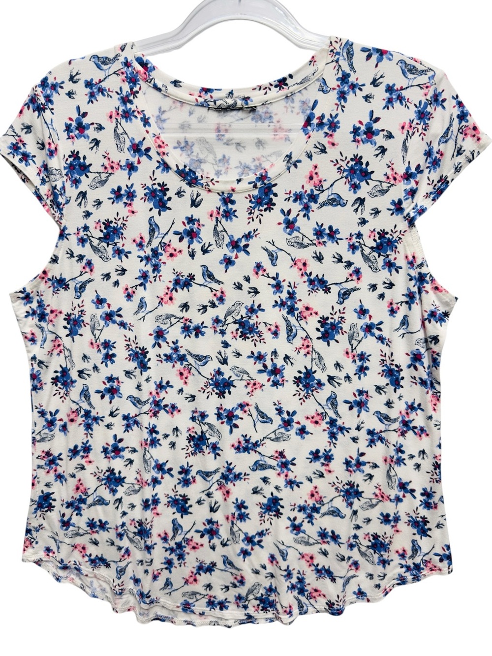 Pure Tencel Knit Floral Birds Vines Novelty Art Tee Top